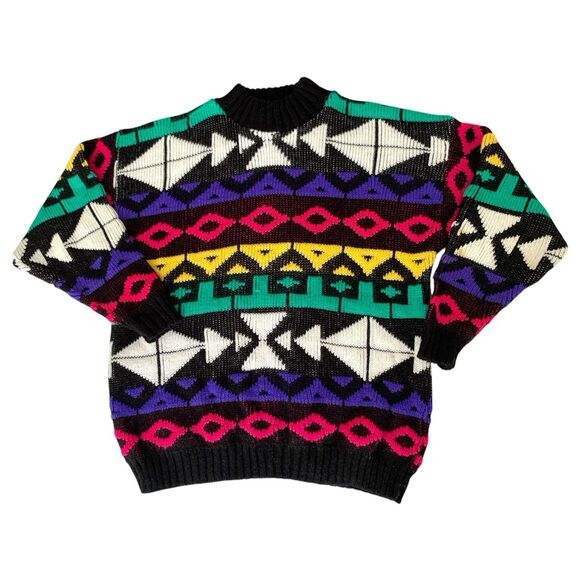 VTG 90s Rosanna Sweater Girls L Black Colorful Geometric Knit Mock Retro Funky - Picture 1 of 8